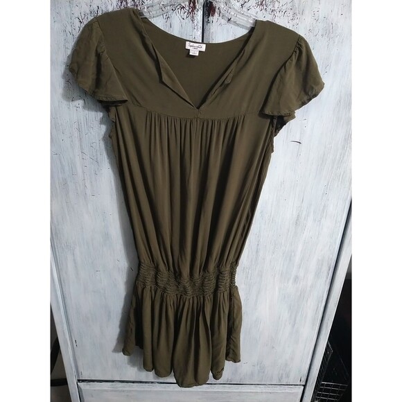 Splendid Ruffled Cap Sleeve Mini Dress Large Olive Green Boho Feminine - Picture 1 of 8